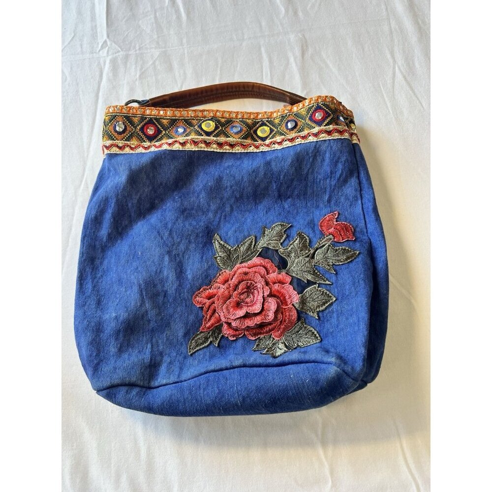 Siri Frey Hobo Bag Purse Tote Blue Embroidered Boho Rose Rhinestones Y2K